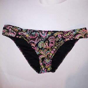 Victoria Secret Swim Bikini Bottom Medium Side Ruffle Black Multi Floral
